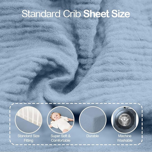 Mère & Moi Muslin Fitted Crib Sheets – 100% Cotton, Ultra-Soft & Breathable Baby Bedding for Standard Crib & Toddler Mattress (28” x 52”) - 2 Pack (Light Blue and Cream)