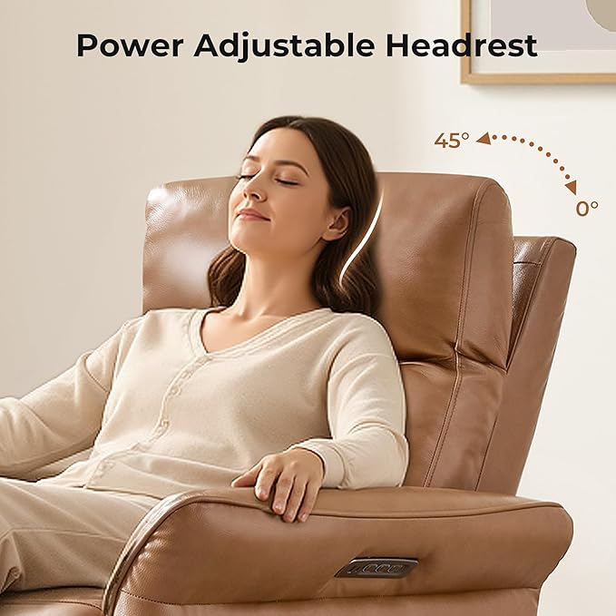 CHITA Genuine Leather Power Recliner Chair, Electric Triple-Motor Swivel Glider Nursery Rocking Chair with Adjustable Power Headrest and Lumbar Support, Solid Wood Base, Saddle Brown