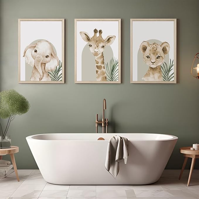 Animal Wall Art Pictures Baby Nursery Canvas Wall Art Decor Safari Animal Prints Jungle kids Wall Art Woodland Nursery Wall Decor Giraffe Jungle Poster for Room 12x16 Inch Wood Framed Set of 3