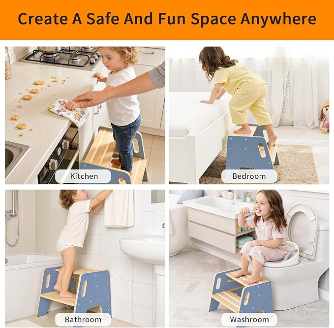Wingyz Toddler Step Stool,Height-Adjustable Wooden Step stools for Kids with Handles,2 Stepstool for Toddlers,Bathroom Sink, Kitchen, Bedroom,Potty Training