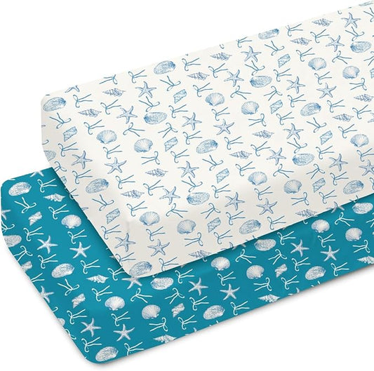 Summer Conches Bows Sea Baby Crib Sheets for Boy Girl 52x28In Ocean Seashells Beach Soft Snug Fitted Crib Mattress Cover Boho Nautical Marine Baby Sheet for Standard Crib & Toddler Bed Mattress 2 Pack