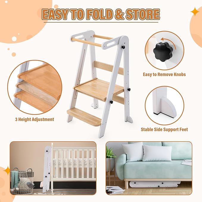 Gewitt Foldable Toddler Kitchen Stool Helper - Adjustable Height Toddler Standing Tower, Kids Helper Stool with Safty Rail for Kitchen Counter Bathroom (White)
