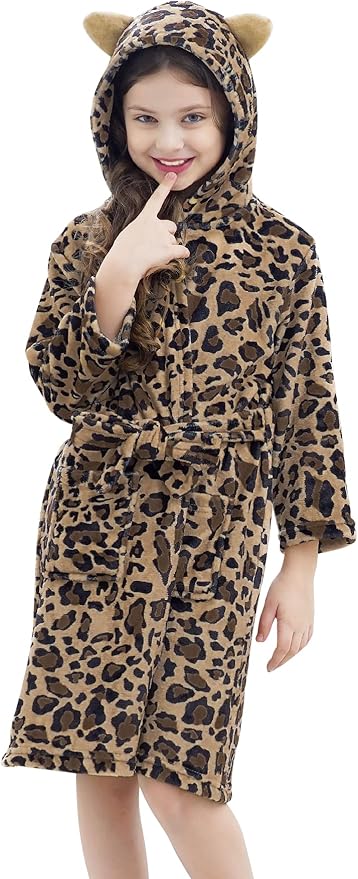 Doctor Unicorn Girls Leopard Cat Robe Kids Fleece Warm Hooded Bathrobe