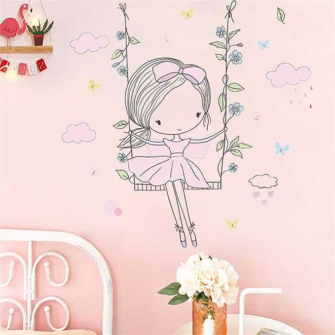 ROFARSO Colorful Cute Lovely Little Girl On The Swing Wall Stickers for Kids Peel and Stick Removable Wall Decals DIY Decorations Decor for Nursery Baby Girls Bedroom Playroom Living Room Murals