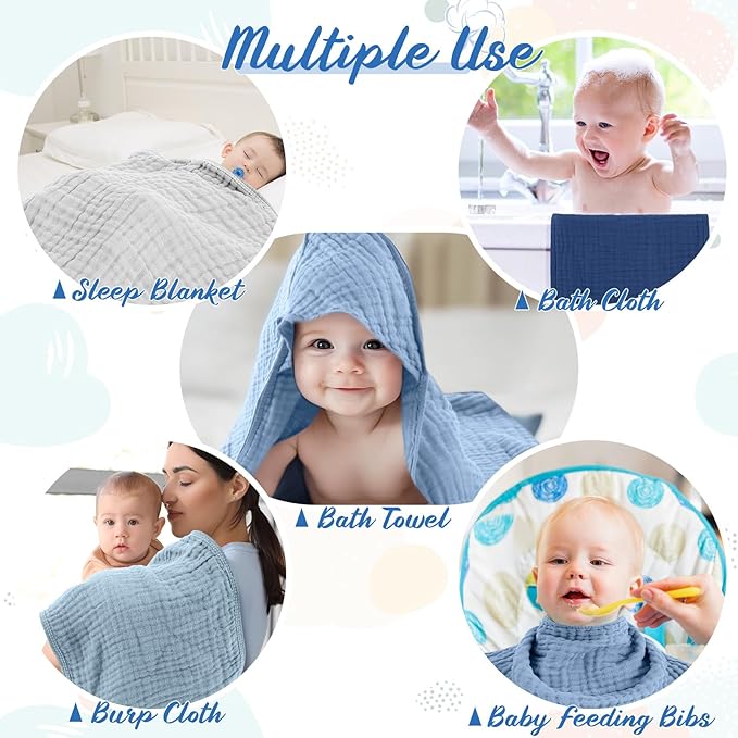 VitalCozy 8 Pcs Baby Muslin Hooded Bath Towels and Washcloths Muslin Cotton Hooded Baby Towels Absorbent Blankets for Gift Newborn Infant Shower (32 x 32 Inch,Gradient Blue)