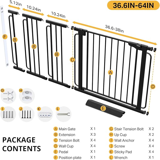 Cumbor 36.6-64" Extra Wide Baby Gate for Stairs, Dog Gates for Doorways, Auto-Close Pet Gate Indoor, Pressure Mounted Walk Through Safety Child Gate for Kids Toddler, Tall Pet Puppy Fence Gate, Black