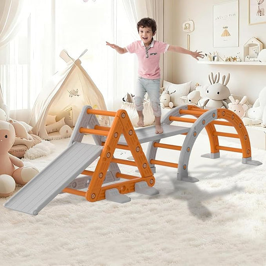 9-in-1 Pikler Triangle Set, HDPE PP Plastic Montessori Climbing Set, Durable 1-8 Toddler Climbing Toys Indoor with Arch, Ramp, Ladder & Slide, Indoor Playground Jungle Gym Playset for Toddlers, Orange