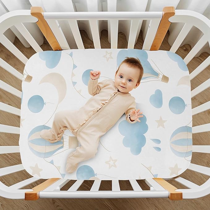 CEBUGI Stretchy Crib Sheet for Baby Boy Girl,Hot Air Balloon Portable Mini Fitted Pack N Play Playard Sheet for Neutral,Ultra Soft Material,Full Standard Toddler Mattresses,M