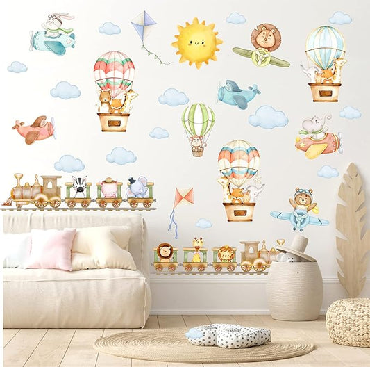 Train Animal Wall Stickers Cartoon Animal Wall Stickers Airplane Hot Air Balloon Decals Watercolor Sun Cloud Decals Cute Balloon Animals Sticker for Nursery Kids Room Playroom Decor