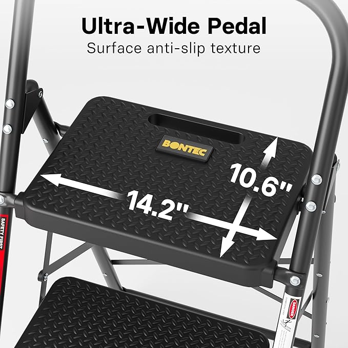 BONTEC 3-Step Ladder, Folding Step Stool, 600lbs Max Load Capacity, Sturdy Steel, Non-Slip Pedals, Lightweight, Portable Steel Ladder with Convenient Handrail, Safety Design for Home & Work, Black