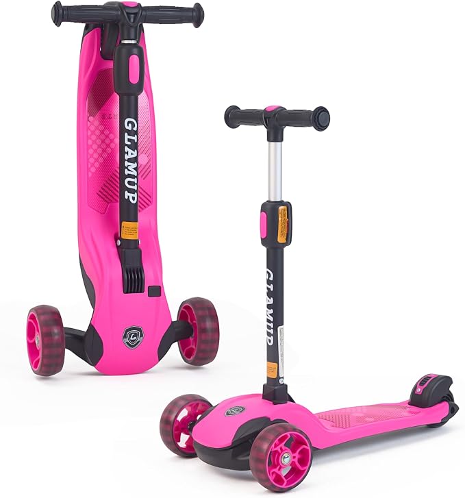 GLAMUP Kids Kick Scooter 3 Wheels, Kids Scooter Height Adjustable Handlebar, Lean-to-Steer System & Easy-Folding Mechanism, Ages 3-14 Boys and Girls
