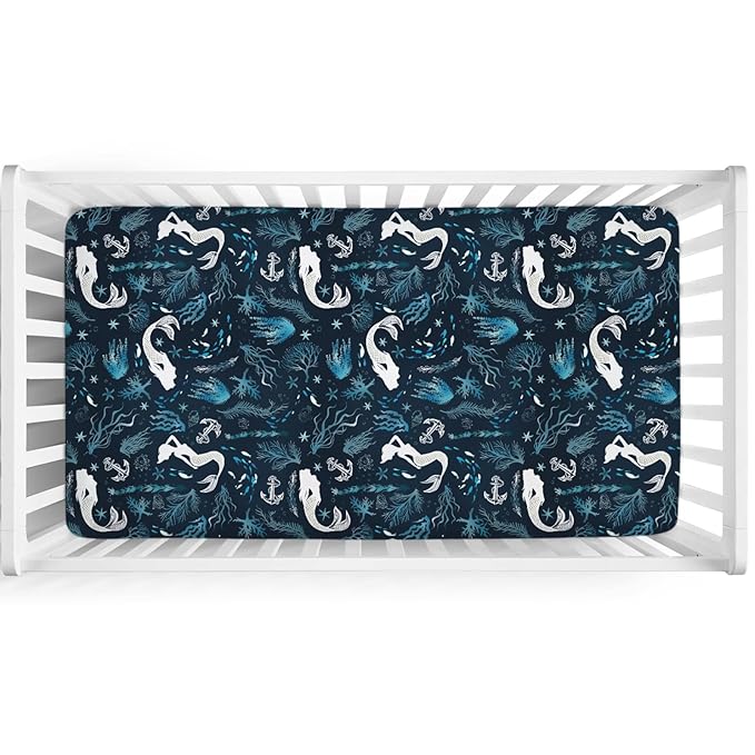 Undersea Mermaids Baby Crib Sheet 52''x28'' Ocean Sea Animal Fish Starfish Corals Anchor Stretchy Fitted Crib Mattress Cover for Boy Girl Nautical Soft Bed Sheets for Standard Crib Toddler Mattress
