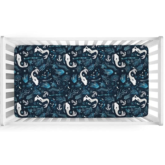 Undersea Mermaids Baby Crib Sheet 52''x28'' Ocean Sea Animal Fish Starfish Corals Anchor Stretchy Fitted Crib Mattress Cover for Boy Girl Nautical Soft Bed Sheets for Standard Crib Toddler Mattress