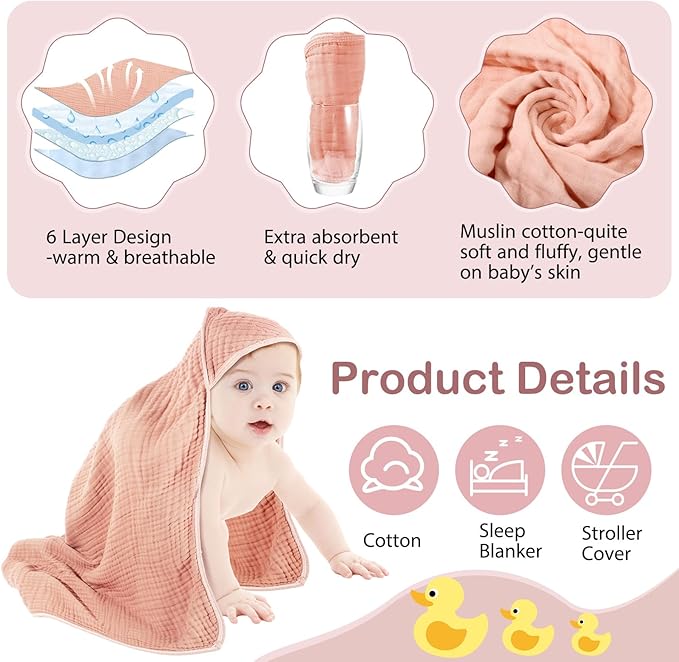 Peryiter 4 Pcs Muslin Hooded Baby Towels, 32x 32'' Cotton Newborn Bath Towel Muslin Infant Baby Blankets Absorbent Unisex Christmas Registry Gift Essentials for Girls Boys (Light Pink)