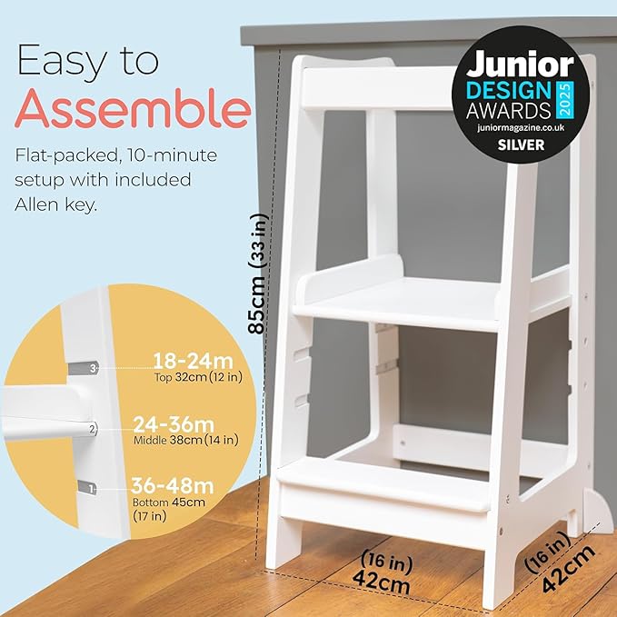 Stepup Baby Toddler Step Stool - Adjustable Height Kids Helper Step Stool, Durable, Non-Slip Platform for Bathroom Sink & Kitchen Counter, Toddler Tower for Exploration and Growth - White
