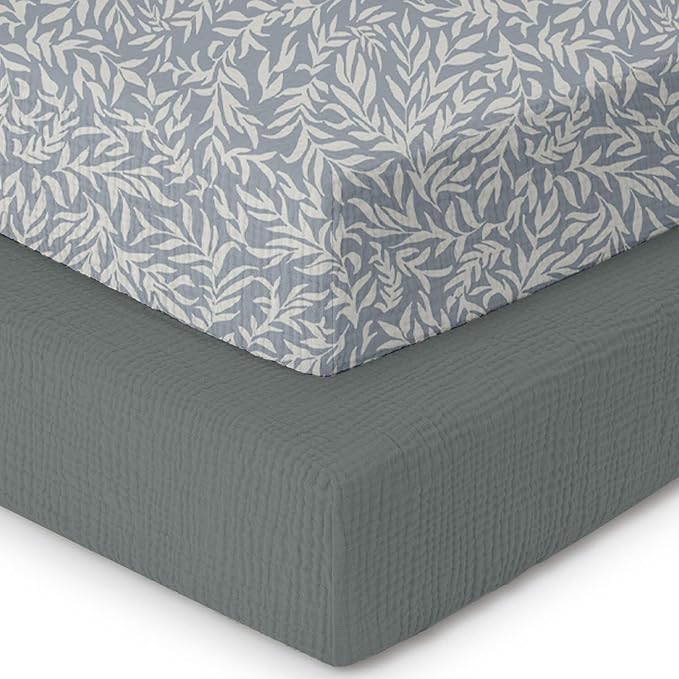 Muslin Crib Sheets–100% Organic Cotton Baby Sheets for Boys & Girls,2 Pack Muslin Mini Crib Sheets for Toddler Mattress,Breathable Crib Mattress Sheets 28''x52''(Leaf)