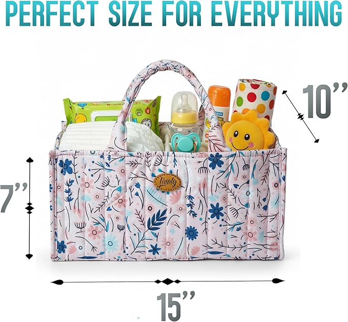Floral Diaper Caddy Organizer, Caddy For Baby Stuff, Quilted Washable Car Storage for Newborn Toddler, Portable Nursery Storage Organizer for Changing, Waterproof Fabric Shower Basket, Floral Bag