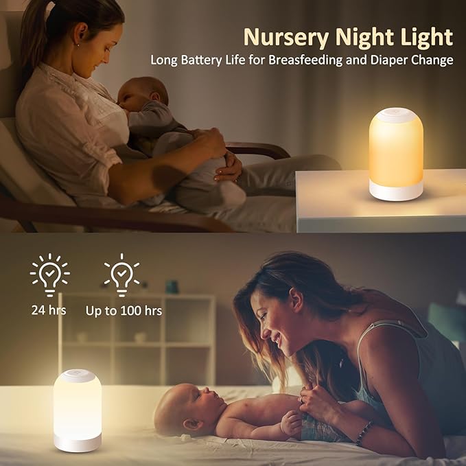 Bedside Touch Night Light, Baby Nursery Nightlight for Kids Adults, Egg Light with Timer, Dimmable Small Cordless Table Lamp for Nightstand/Bedroom/Children's Room, USB Rechargeable, White/Warm/Amber
