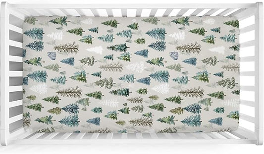 Boho Green Trees Baby Crib Sheet 52''x28'' Retro Pine Trees Stretchy Fitted Crib Mattress Cover for Boy Girl Winter Holiday Soft Baby Bed Sheets for Standard Crib and Toddler Mattresses