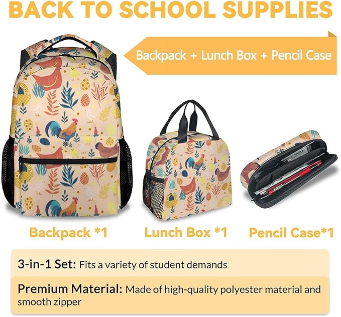 COOPASIA Chicken Backpack with Lunch Box and Pencil Case, 16 Inch Chicken Theme Bookbag with Adjustable Straps, Durable, Lightweight, Large Capacity, School Backpack for Girls Women