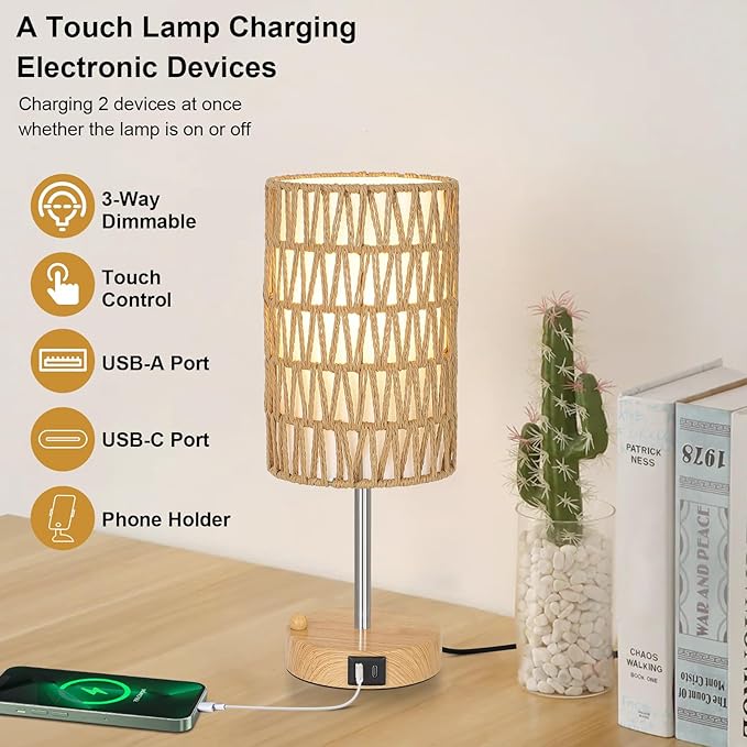Eayaya Boho Table Lamp for Bedroom with Bulb, Small Touch Control Table Lamp for Living Room with Rattan & Linen Shade, 3 Way Dimmable Bedside Lamp for Nightstand with USB Charging Port & Phone Stand