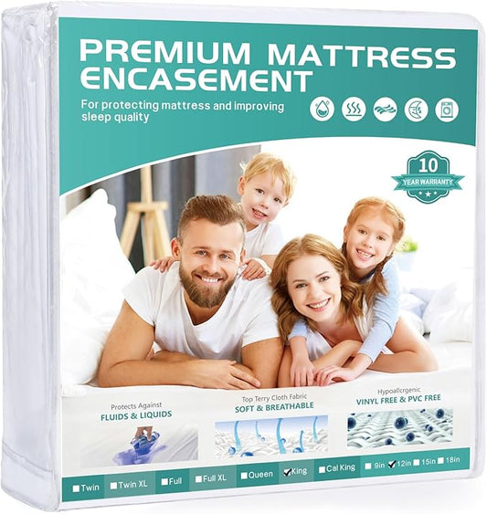 76"x80" King Mattress Protector Cover Fits 9-12" Deep, Waterproof Mattress Encasement Cover with Premium Breathable Soft Terry Top Fiber for Your King Size Bed