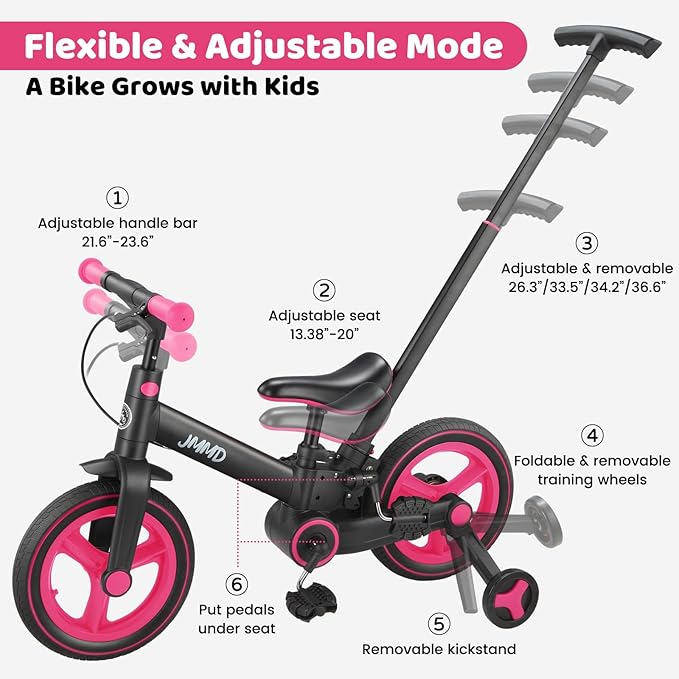 JMMD 6 in 1 Toddler Bike with Push Handle for Kids 18-60 Months, 12" Foldable Balance Bike with Training Wheels, Pedals, Brakes, Kickstand, Push Tricycle Toddler Gift & Toys for Boy & Girl