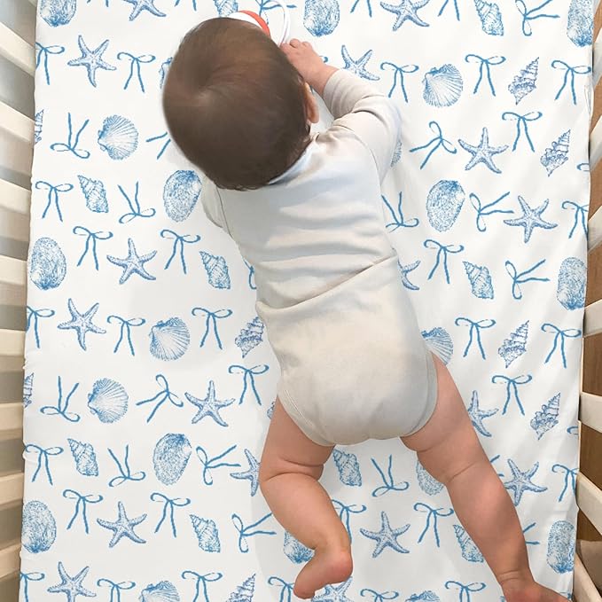 Summer Conches Bows Sea Baby Crib Sheets for Boy Girl 52x28In Ocean Seashells Beach Soft Snug Fitted Crib Mattress Cover Boho Nautical Marine Baby Sheet for Standard Crib & Toddler Bed Mattress 2 Pack