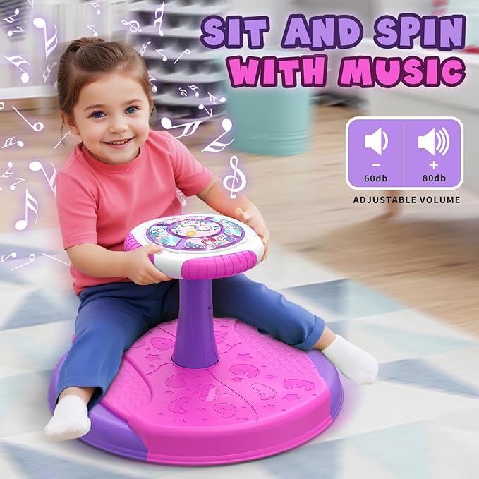 Unicorn Sit and Spin Toys for Toddlers 1-3 Girls, 360° Toddler Spinning Seat with LED Lights and Music, Sensory Toys Birthday for Kids 3-5