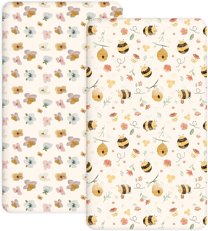 Pack and Play Sheets 2 Pack, Fitted Jersey Knit Mini Crib Sheets for Baby Boys and Girls, Compatible with Graco Pack N Play and Mini Crib Mattress (Bee Happy, Pack N Play/Mini Crib Sheets)