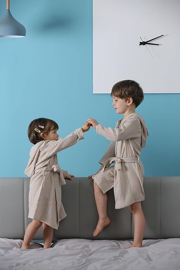 Organic Cotton Toddler Bathrobe, Soft and Breathable Baby Robe for Kid, Boy& Girl Hooded Robe Muslin