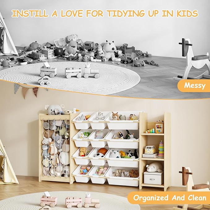 EXPERLAM 3-in-1 Toy Storage Organizer, Stuffed Animal Holder & 3-Tier Bookcase, Solid Wood Toy Organizer with 12 Storage Bins, Space-Saving Toy & Book Shelf for Kids Rooms, Bedroom, Playroom, White
