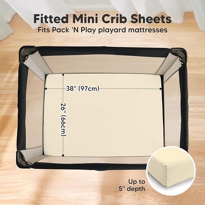 2 Pack and Play Sheets, Waterproof Mini Crib Sheets Fitted - 38x26 Organic Cotton Pack N Play Sheets for Graco Pack and Play Mattress, Playard Baby Crib Sheets, Neutral for Boy, Girl, Toddler (Latte)