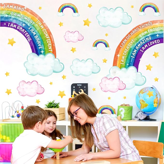 Colorful Rainbow Wall Stickers Inspirational Wall Decal for Kids Boys Girls Bedroom Watercolor Rainbow Walls Decal Peel and Stick Positive Cloud Vinyl Art Murals for Toddler Baby Room Playroom Nursery