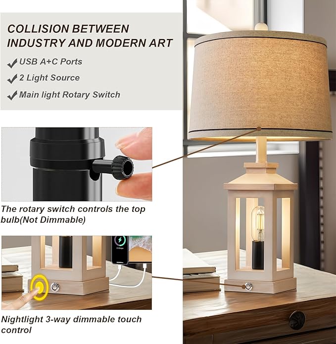 G-SAFAVA 23.75" Retro Farmhouse USB C+A Ports Table Lamp Set of 2 with 3 Way Dimmable Touch Control White Nightlight Vintage Modern Lamp for Living Room Bedroom with 2 Light Sources