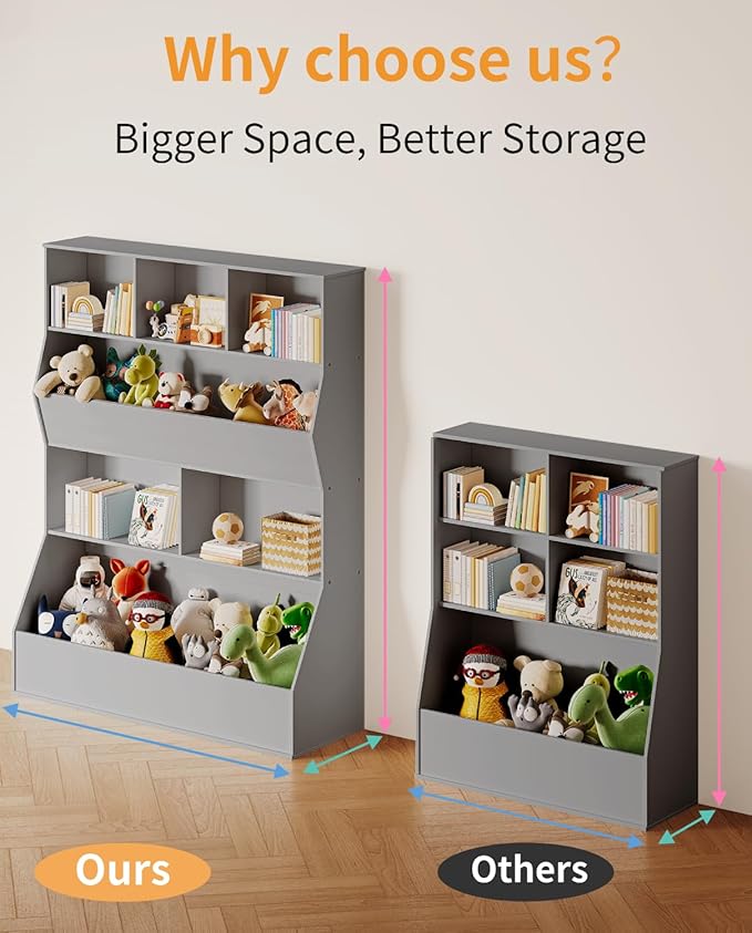 Arlopu Kids Bookshelf & Toy Storage Organizer, 4 Tier Wooden Cabinet with Open Design, Toddler-Friendly Bookcase for Playroom, Nursery, Classroom, Kindergarten (Grey)