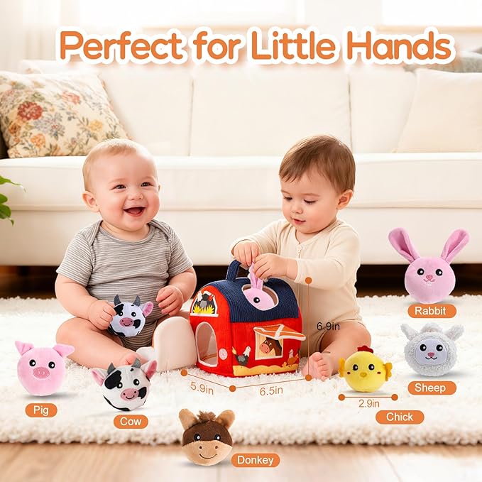 Baby Toys 6-12 Months, Soft Barn Montessori Sensory Infant Toy for 6 7 8 9 10 Month Old, 1st Birthday Baby Gifts for 1 Year Old Boy Girl, Stuffed Farm Animals, Rattle Squeaky Crinkle Sound & Mirror