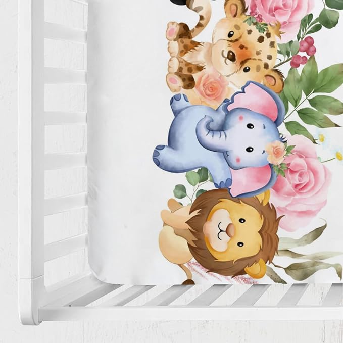 Baby Jungle Safari Animals Tropical Leaves Flowers Baby Crib Sheet 52''x28'' Fitted Crib Mattress Cover for Boy Girl Nursery Toddler Bed Sheet Fits Standard Crib and Toddler Mattresses Floral