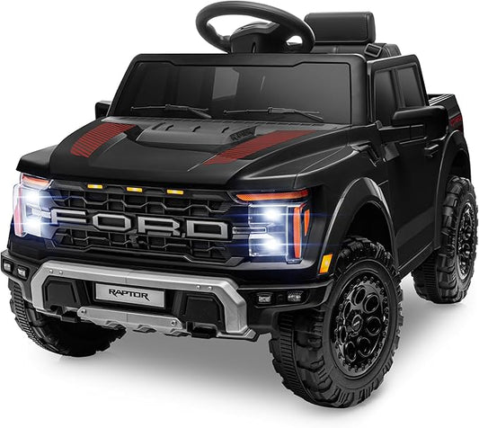 ENYOPRO 12V Kids Ride On Truck, Licensed Ford F-150 Raptor Toddler Electric Car w/Remote Control, Kids Ride On Car Toy w/LED Lights, Bluetooth Music, Lockable Doors, Safety Belt, 2 Speed (Black)