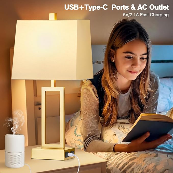 Lolikit 23.5" Touch Control Table Lamps, Metal Bedside Lamp for Bedroom Set of 2 with USB A+C Ports & AC Outlet, 3-Way Dimmable Nightstand Lamp for Living Room (LED Bulb Included)