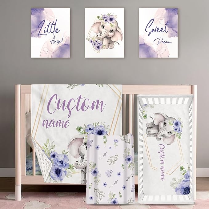 Personalized Baby Crib Bedding Set: 4 Piece Purple Flower Custom Gift Crib Bed Set with Name - Elephant Design, Nursery Bedding Set for Baby Girls,Newborn Girls Crib Sets, Crib Bedding Shower Gifts