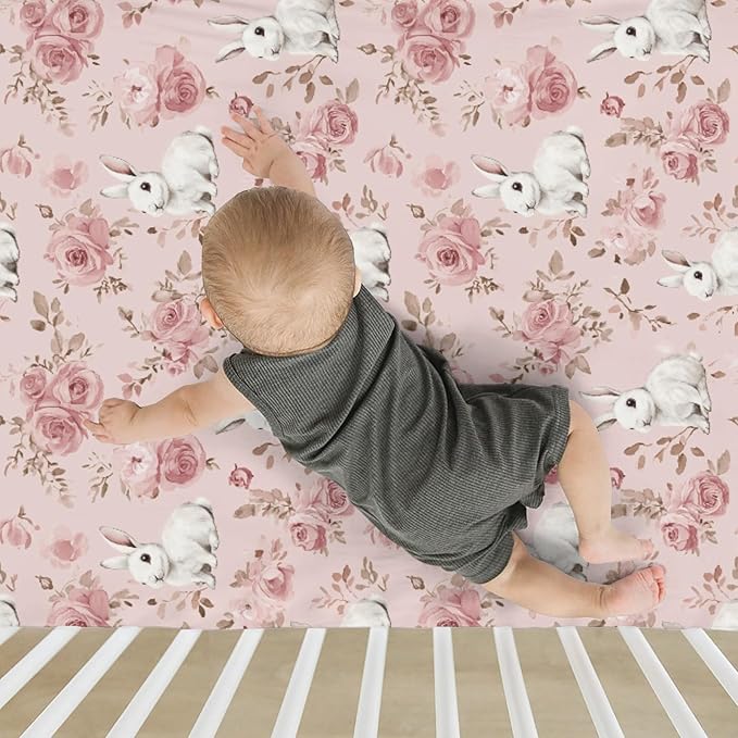 Spring Bunnies Pink Roses Baby Crib Sheets for Boy Girl 52x28Inch Cute Rabbits Flowers Soft Snug Fitted Crib Mattress Cover Spring Garden Baby Sheet for Standard Crib and Toddler Bed Mattress