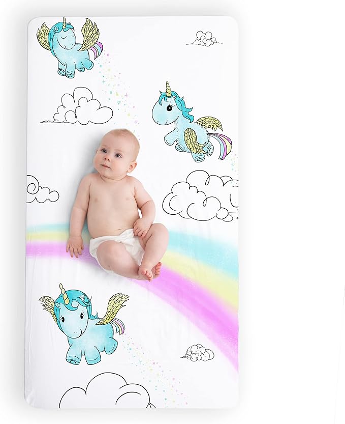 JumpOff Jo - Fitted Crib Sheet, Super Soft Breathable 100% Cotton Baby Crib Sheet for Standard Crib Mattresses and Toddler Beds, 28 in. x 52 in. - Unicorn Pixie Dust