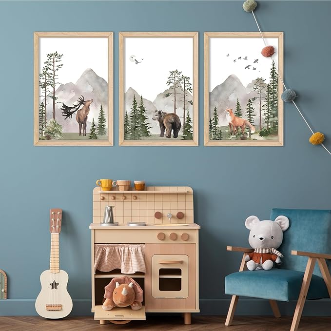 YWJKWLGS Wild Woodland Animals Nursery Wall Art Decor 16"×24" Set of 3 Jungle Theme Safari Forest Deer Bear Fox Posters Wood Framed Sign for Children's Boys Girls Room Watercolor Prints Hanging (Wood)