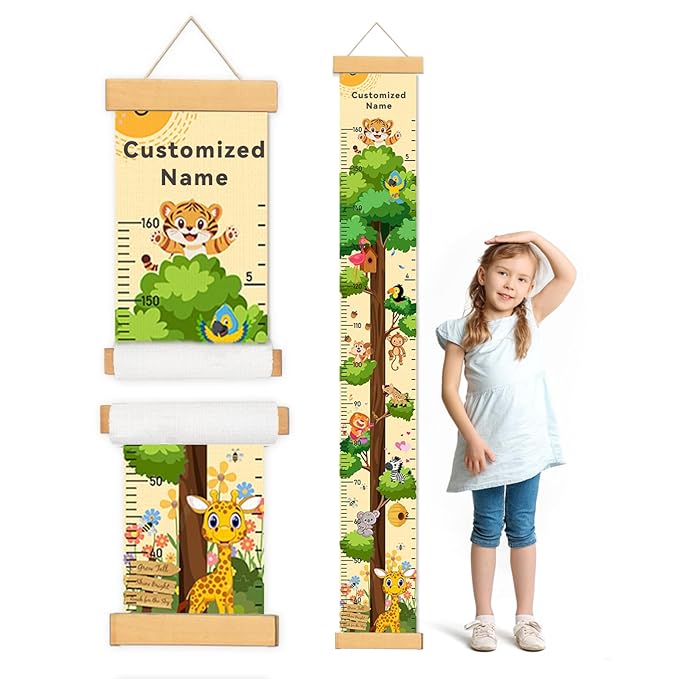 Woodemon Personalized Name Growth Chart for Wall, Painted Tree Animals Canvas Height Chart for Kids Baby Child Toddler, Canvas Growth Chart for Wall Nursery Decor, Hangable & Waterproof