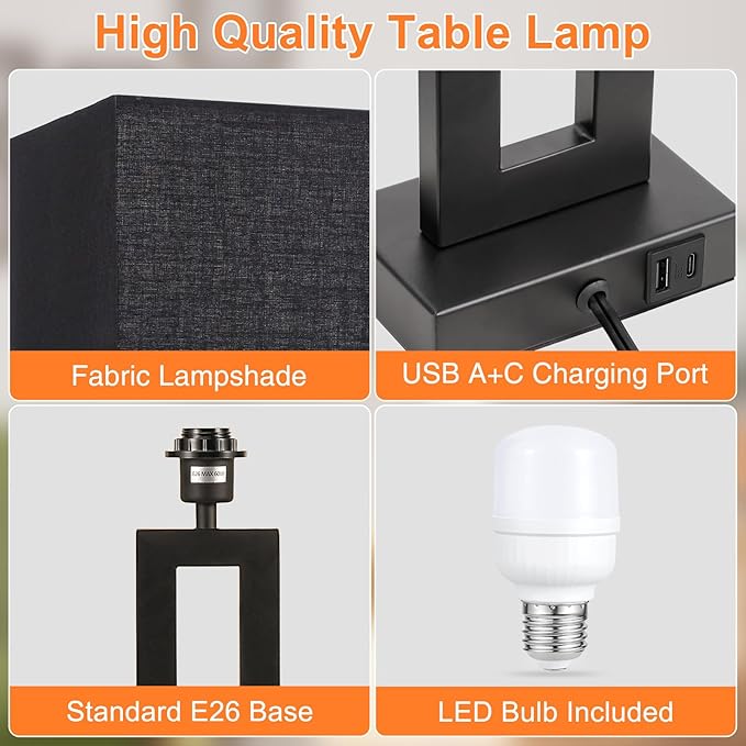 Modern 22" Tall Bedside Lamps - Touch Control, USB C+A, 3 Way Dimmable, Set of 2 (Black)