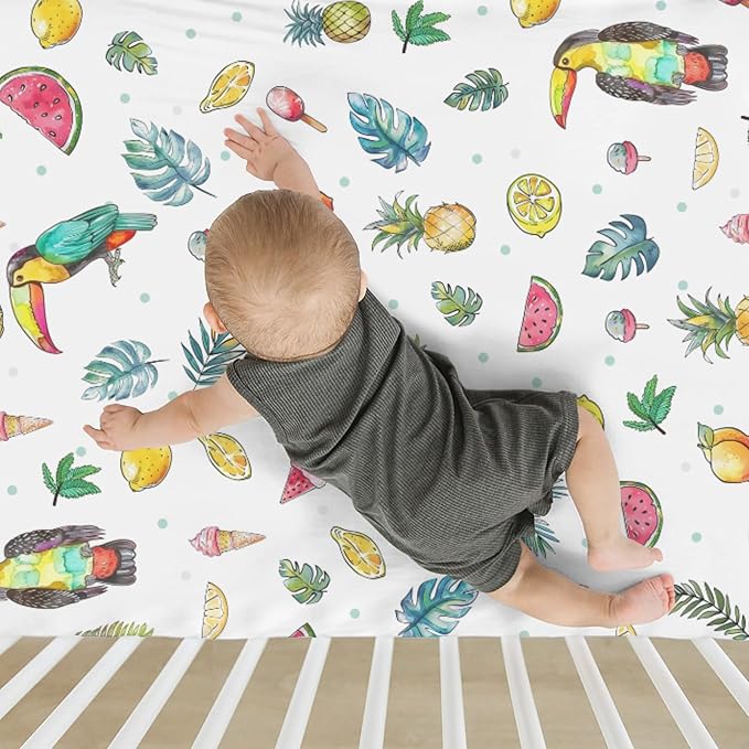 Toucan Tropical Flowers Leaves Baby Crib Sheets for Boy Girl 52"x28" Summer Birds Fruits Soft Snug Fitted Crib Mattress Cover Beach Vacation Baby Sheet for Standard Crib and Toddler Bed Mattresses