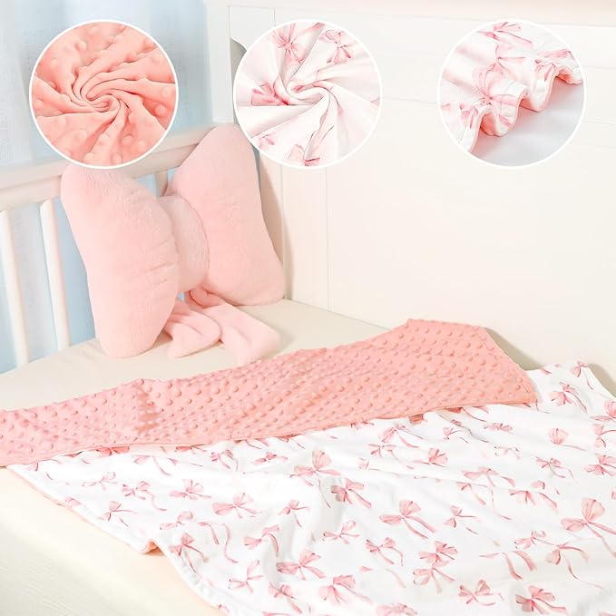 Baby Blankets for Girls, Toddler Newborn Blanket Double Layer with Dotted Backing Crib Receiving Blanket for Toddler Nursery Bed Blanket, Pink Bow, 30x40 Inches