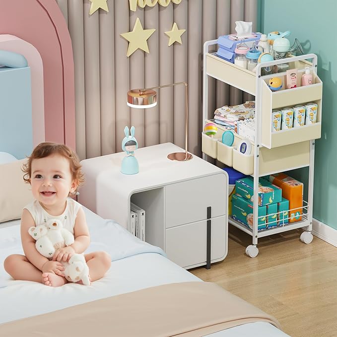 JBBTOOL 3-Tier Baby Diaper Caddy Cart with Wheels, Nursery Storage Organizer with Dividers & Pockets, Mobile Metal Utility Cart for Baby Essentials, Bedroom, Kitchen & Office