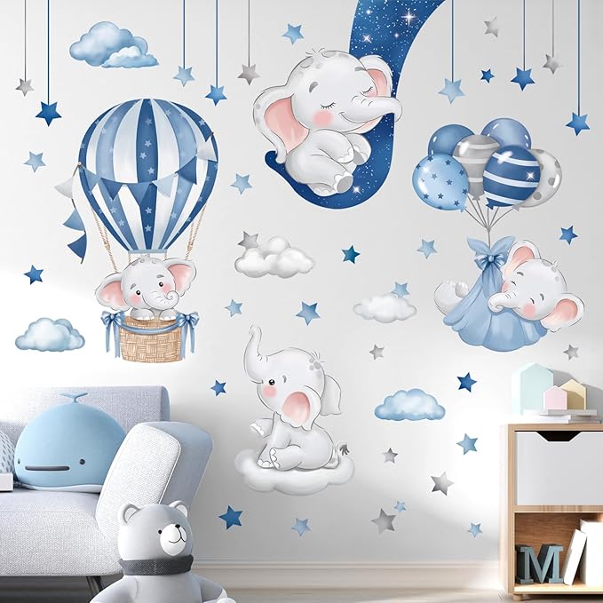 decalmile Blue Grey Sleeping Elephant Wall Decals Hot Air Balloon Moon Clouds Stars Wall Stickers Baby Nursery Kids Bedroom Daycare Wall Decor